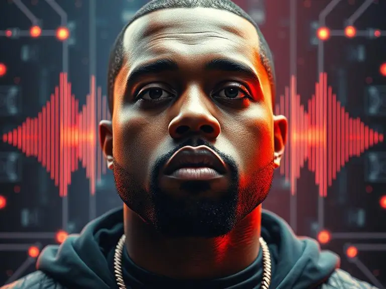 A futuristic image of an artist using AI technology to create music, with Kanye West's face and AI-generated voice waves in the background.