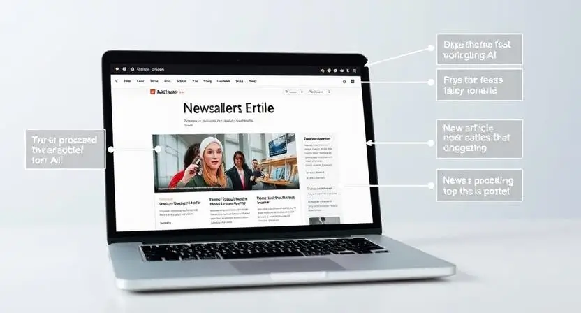 "A visual of an AI tool generating a news article on a laptop screen with news headlines and article text. The AI's processing steps should be highlighted to show the workflow from input to output."