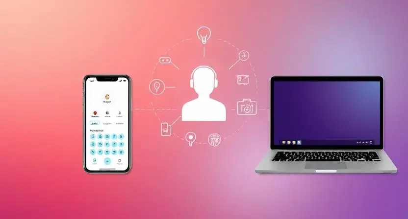 A digital assistant interface seamlessly syncing with multiple devices, including a smartphone, tablet, and laptop, symbolizing multi-platform AI integration.