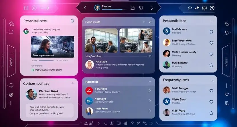 A futuristic AI assistant interface dynamically adapting to user preferences, showcasing personalized news, custom notifications, and frequently used commands.