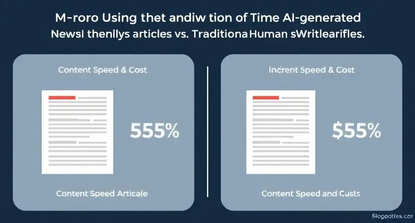"A comparison graphic showcasing the time and cost savings when using AI-generated news articles versus traditional human-written articles. Include metrics for content speed and cost."