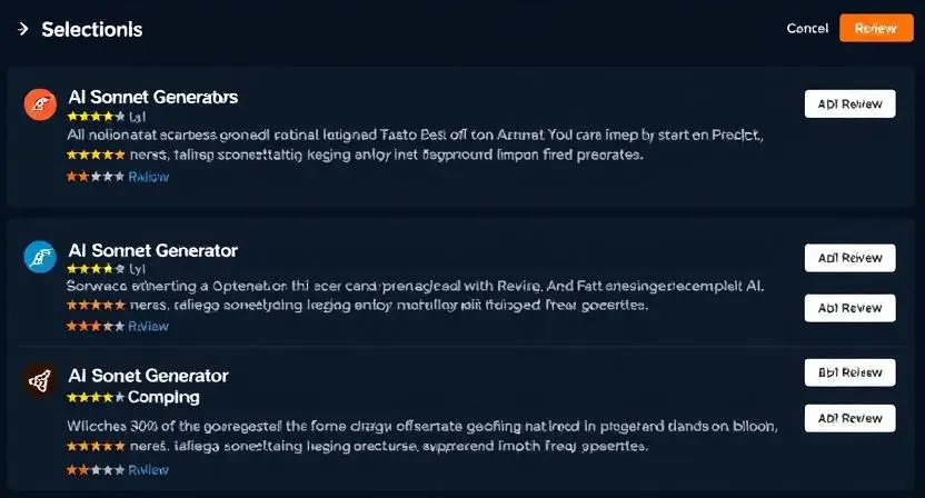 An image showing a selection screen of different AI sonnet generator tools with reviews and ratings.