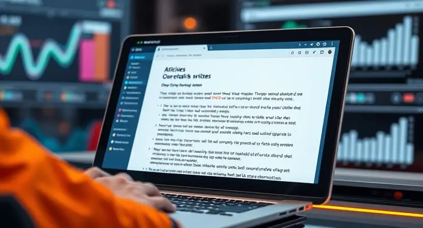A futuristic AI-powered writing assistant generating an SEO-optimized article on a digital screen, with keywords highlighted and analytics graphs in the background.