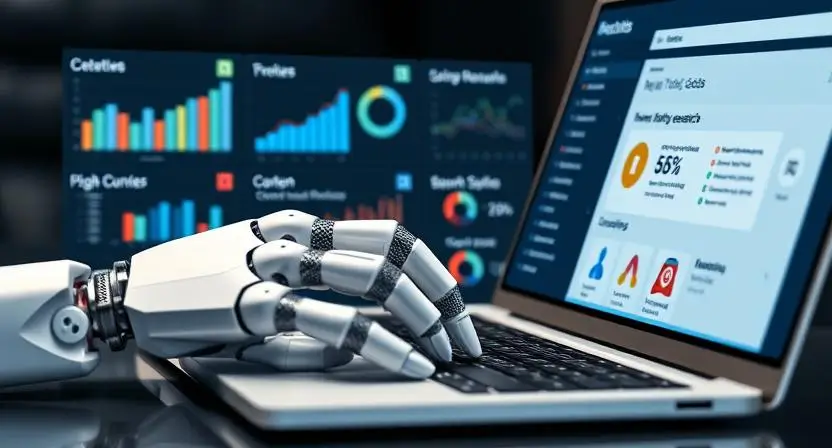 A robotic hand typing on a laptop, with SEO metrics, keyword research, and content optimization tools displayed on the screen.