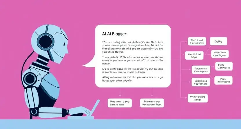 An AI chatbot assisting a blogger in writing an SEO-friendly article, with a flowchart of SEO techniques and ranking improvements in the background.