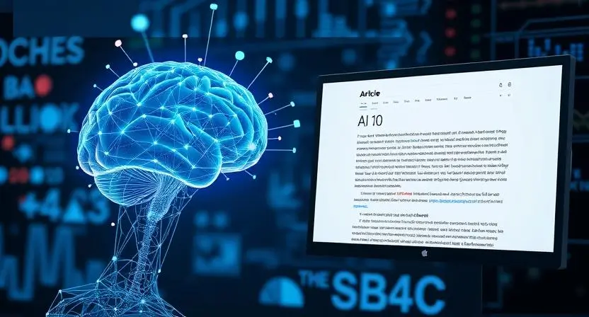 A concept art of AI and SEO integration, featuring a digital brain processing content data while an article gets optimized in real-time on a screen.