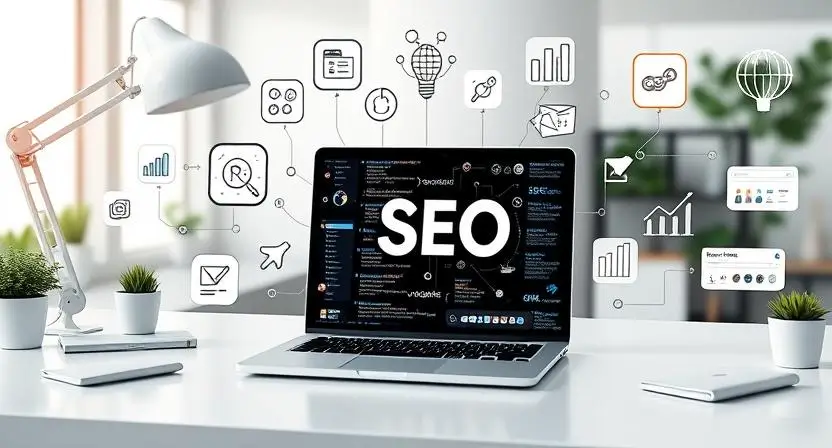 A modern workspace with a laptop displaying AI-generated content, surrounded by SEO icons such as keywords, backlinks, ranking charts, and search engine results.