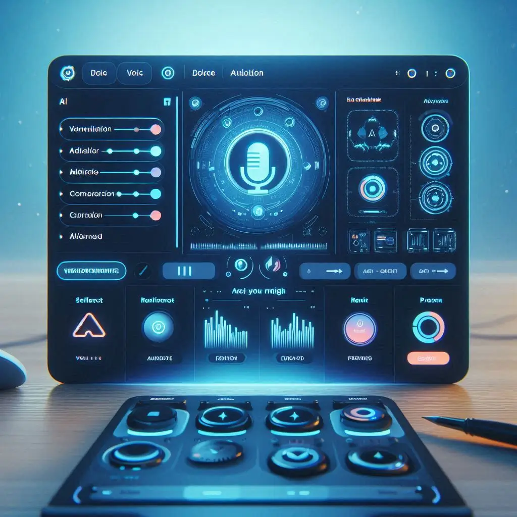 A dashboard UI screenshot of an AI voiceover tool showing voice selection, real-time text editing, preview options, and export buttons.