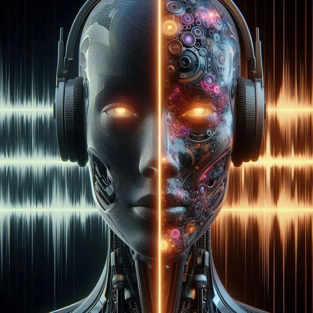 Side-by-side audio waveform comparison between a robotic TTS voice and a natural-sounding AI-generated voice, with highlighted pitch and tone differences.
