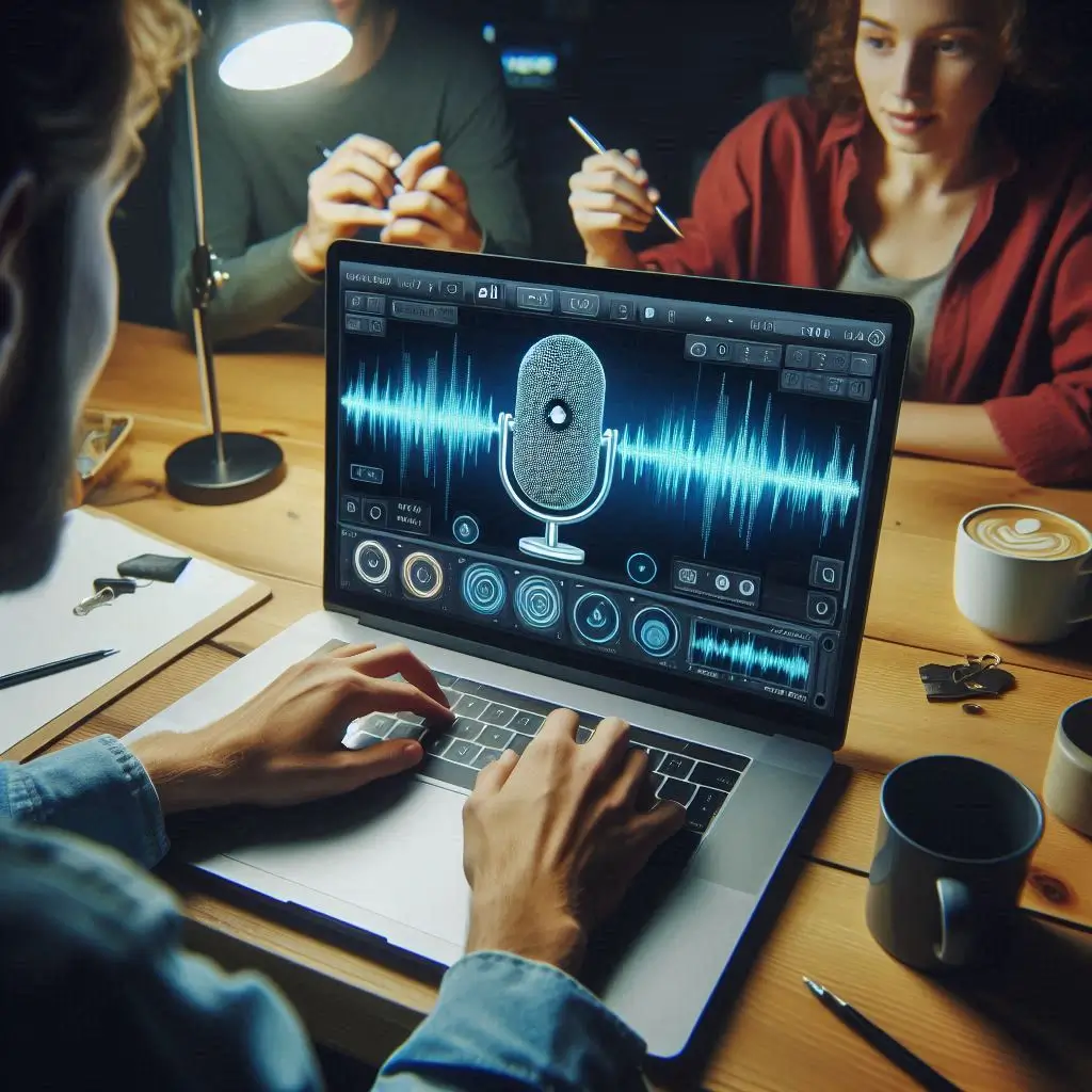 A creative marketing team using a laptop with an AI voiceover tool to create a voice ad for a product campaign, showing waveform preview and export options.