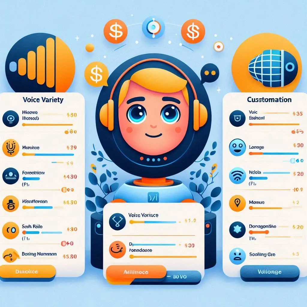 A comparison chart showing features of 3 popular AI voiceover platforms including voice variety, pricing, languages, and customization.