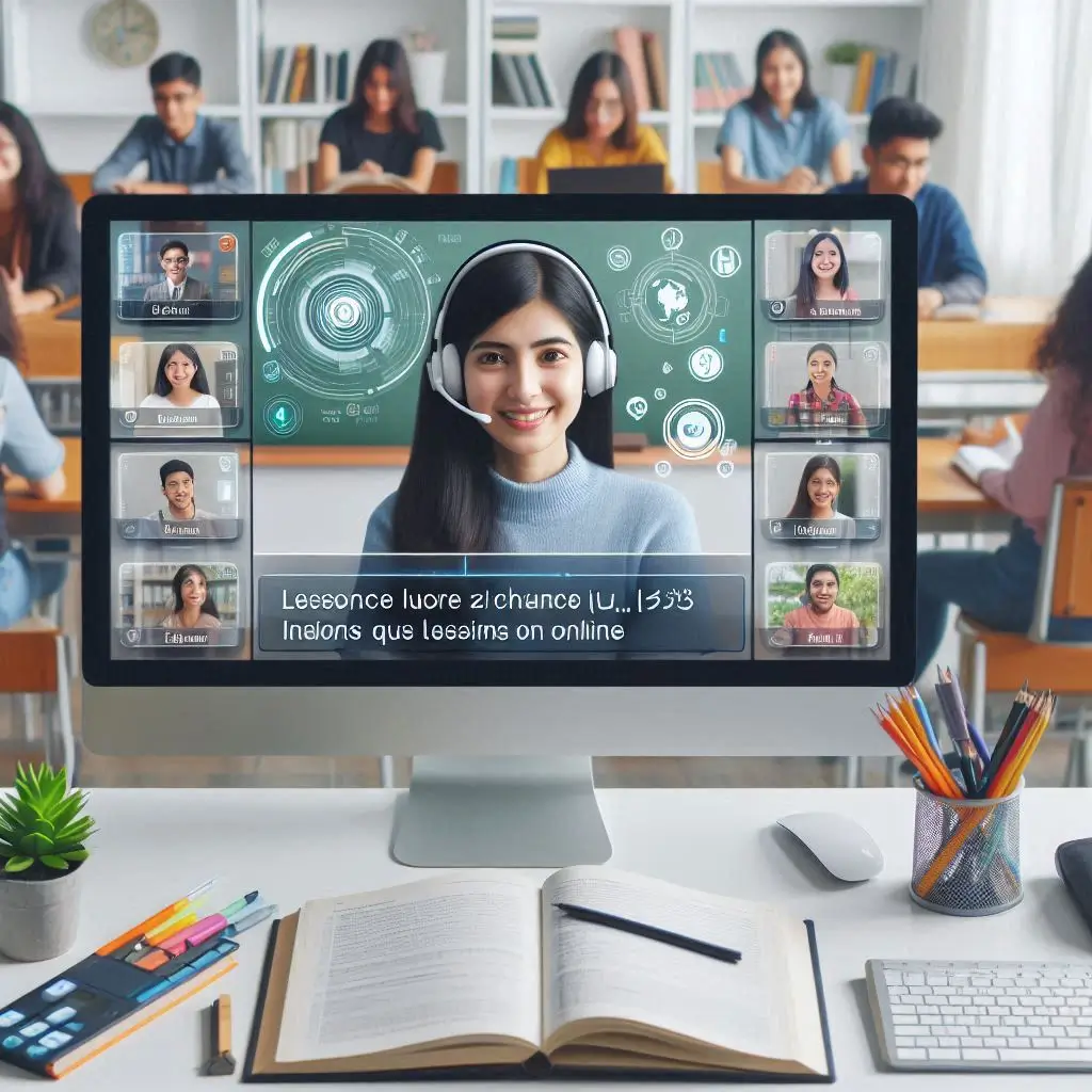 A virtual classroom interface with students learning online, showing an AI-generated voiceover reading a lesson in multiple languages with subtitles.