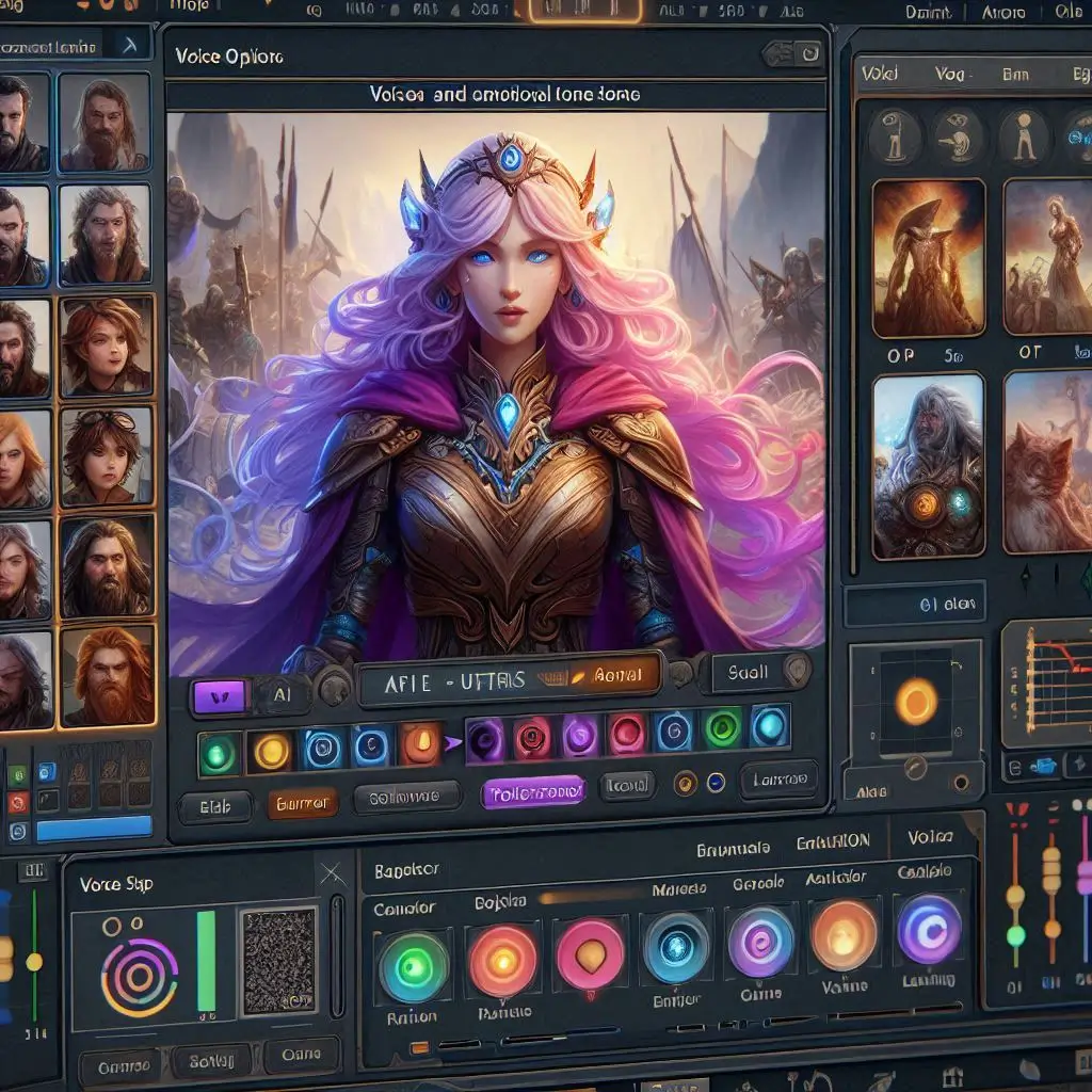 A game development dashboard where an AI voiceover is being applied to a fantasy character, with voice options and emotional tone settings visible.
