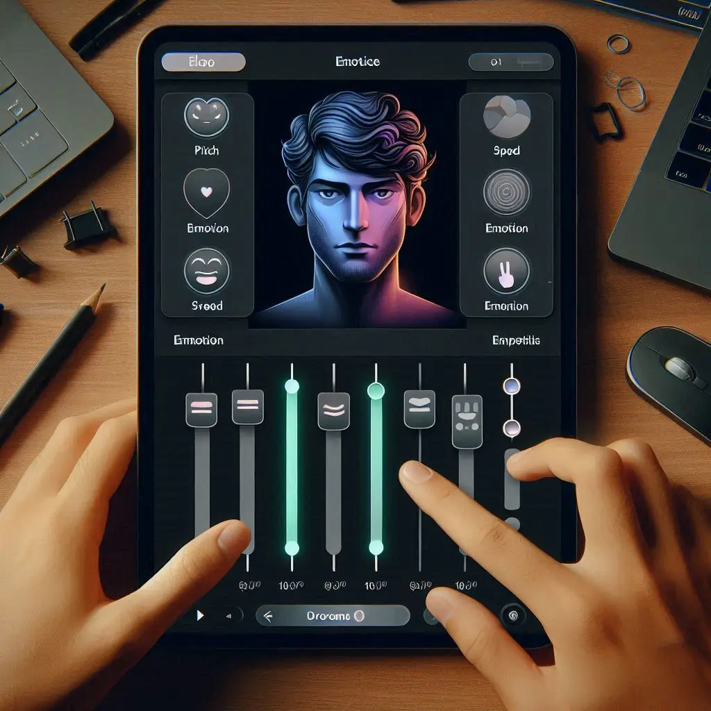 A UI interface showing sliders for pitch, speed, emotion, and emphasis settings while previewing a voiceover on a script editor.