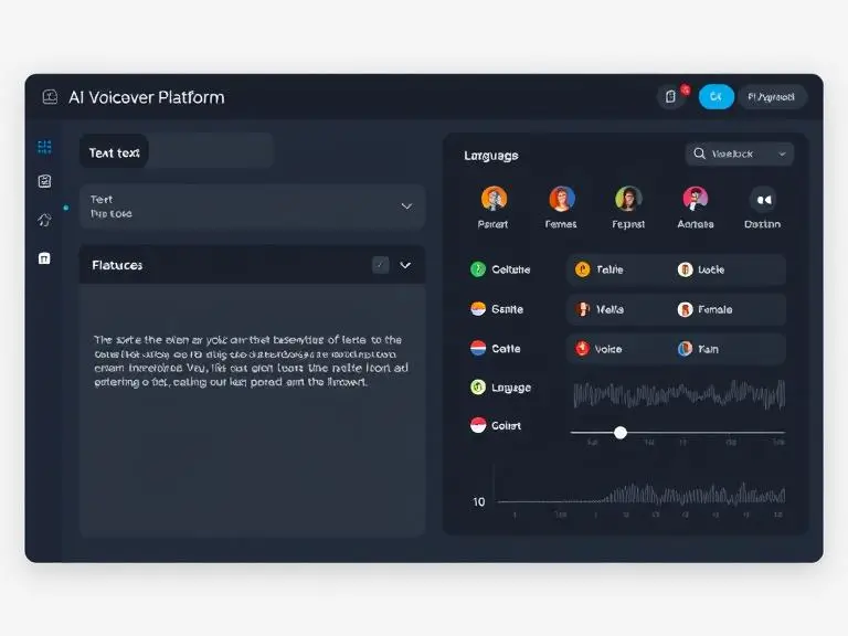 A sleek modern UI dashboard of an AI voiceover platform with text input on one side and voice options (male/female, languages) on the other, showing playback features and waveform.