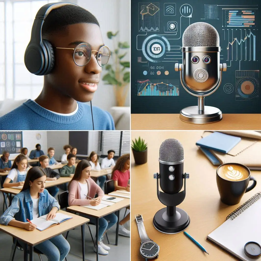 A collage showing AI voice usage in a classroom e-learning interface, a mobile app voice assistant, and a podcast recording setup using virtual AI.