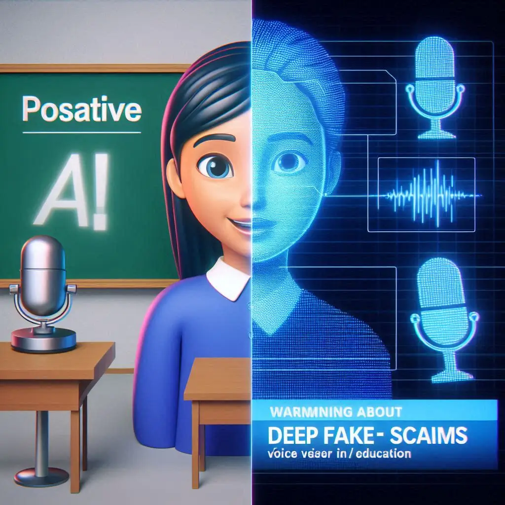 A split-screen showing one side of a positive AI voiceover use in education, and the other side showing a news headline warning about deepfake voice scams.