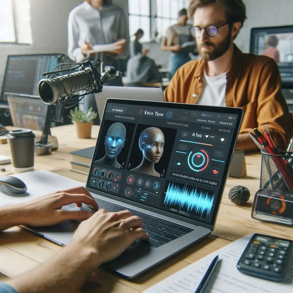 A creative workspace showing a scriptwriter and a video editor working on a laptop using an AI platform that’s giving live feedback on voice tone, pacing, and emotion.