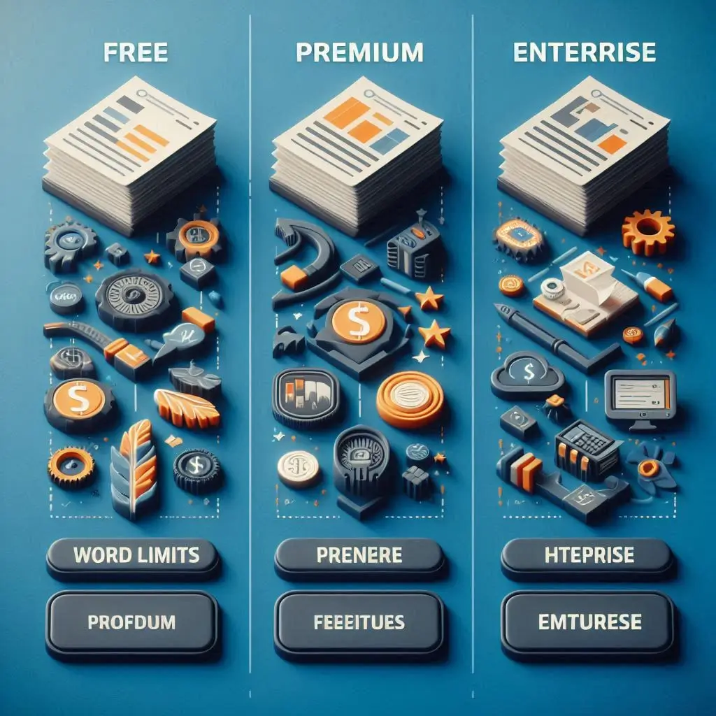 A pricing comparison table with visual icons representing free, premium, and enterprise features, including word limits and commercial use rights.