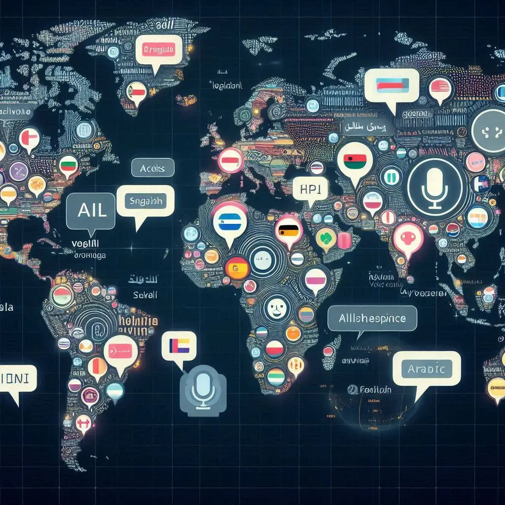 A world map highlighting various languages and accents supported by an AI voice platform, with sample voice bubbles in different languages (e.g., English, Spanish, Hindi, Arabic).