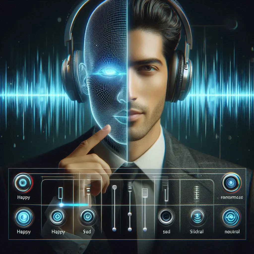 A futuristic AI interface generating a cloned human voice waveform next to a real audio waveform, with emotion control sliders (happy, sad, neutral).