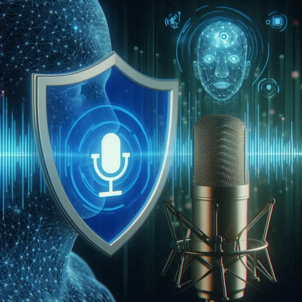 A security shield icon overlaid on a human waveform and an AI-generated waveform to depict voice cloning protection and ethical usage.