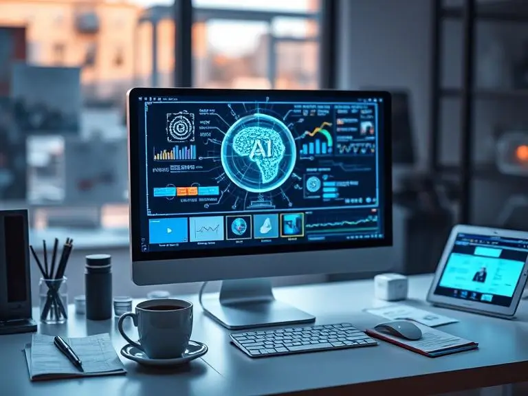 "A futuristic workspace with a computer screen displaying AI-generated content on the monitor, surrounded by notes and coffee, illustrating productivity and technology integration."