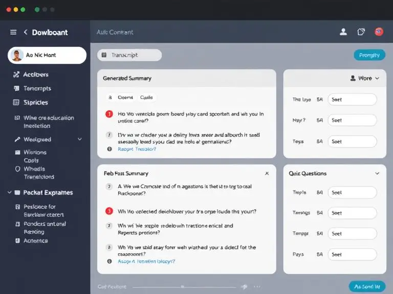 Prompt: “An educational dashboard showing a transcript on the left, a generated summary at the top, and multiple-choice quiz questions auto-generated on the right.”