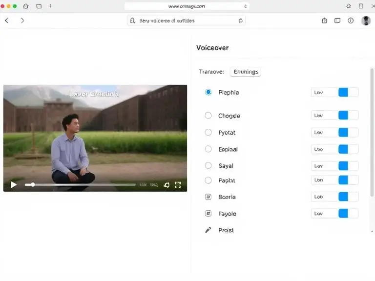 Prompt: “A split screen showing a video being transcribed to subtitles in one language on the left, and voiceover settings with multiple languages on the right, inside Zooli.ai platform interface.”