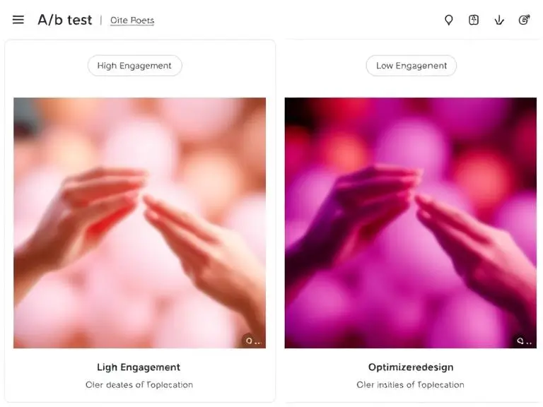 A split-screen image showing an AI tool comparing two visuals (A/B test) with one marked “High Engagement” and the other “Low Engagement,” alongside suggestions for optimized redesign.