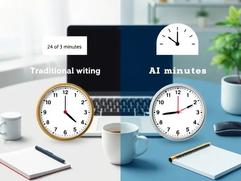 Prompt: A side-by-side clock comparison showing traditional manual writing (2–3 hours) vs AI writing assistant (10–15 minutes) for blog creation — modern infographic style with a laptop, coffee mug, and notepad.