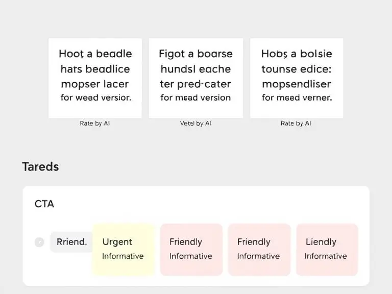 A comparison visual showing three versions of a headline, each rated by AI; below it, a CTA selection panel with different CTA tones like “Urgent,” “Friendly,” “Informative.”