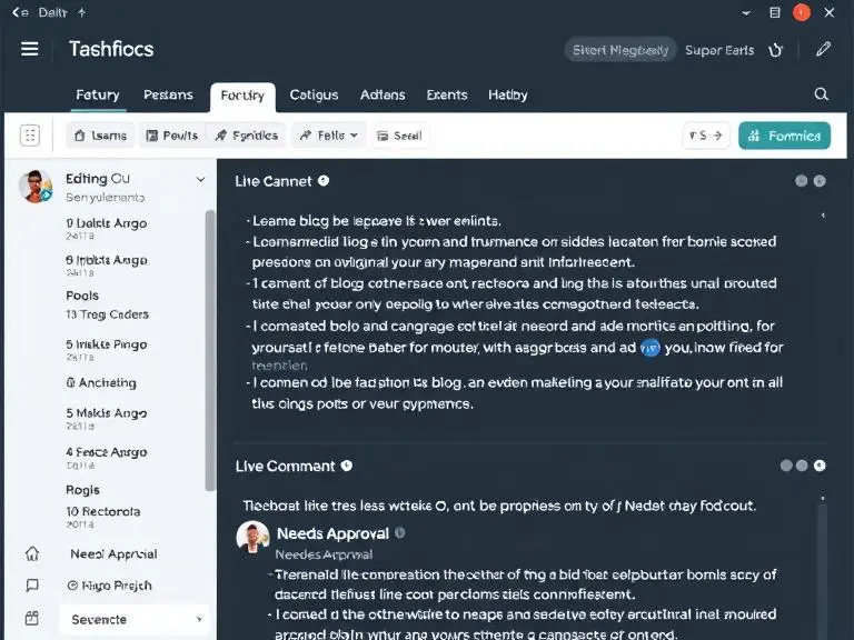 A team dashboard interface showing multiple collaborators working on the same blog post with tags like “Editing,” “Needs Approval,” and a live comment thread.