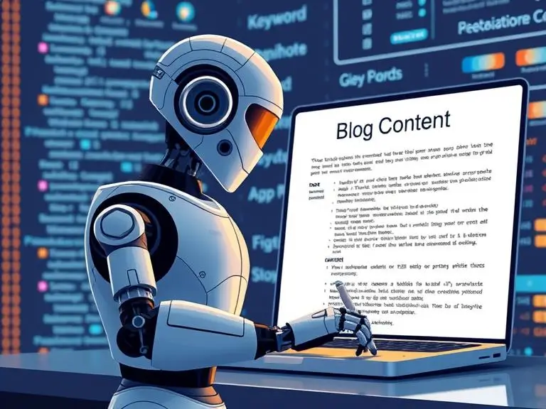An illustration of a robotic AI assistant writing blog content on a digital screen with keywords flowing in from one side and a blog post coming out the other.