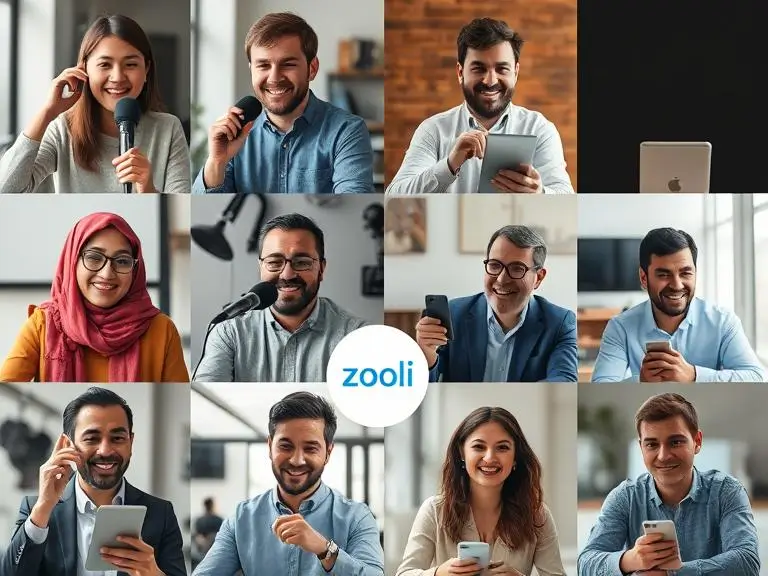 “People from different cultures and professions using a speech to text app in real time, showing various use cases like podcasting, online teaching, and team meetings with Zooli.ai logo visible.”