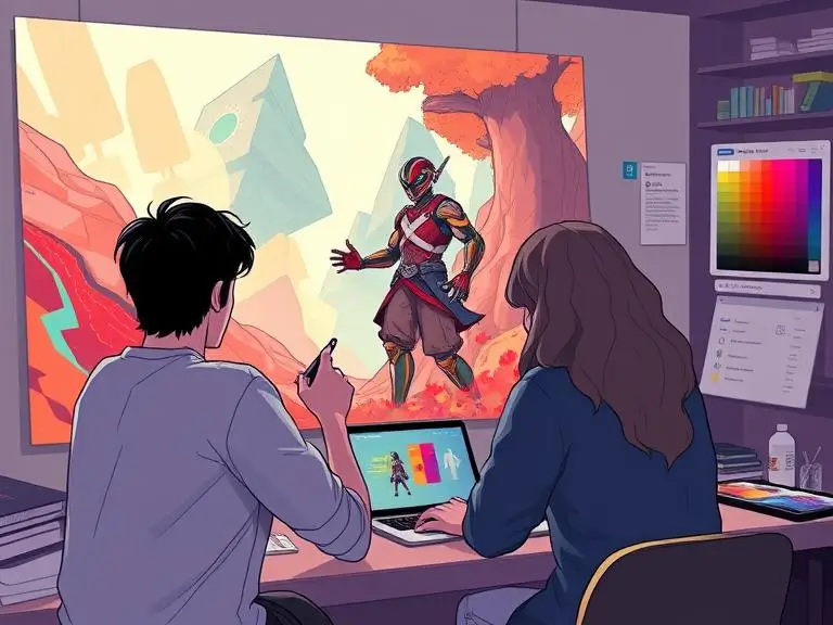 A digital art workspace where multiple users are collaborating on a canvas in real-time using an AI interface, each person editing a different element (background, character, color palette).