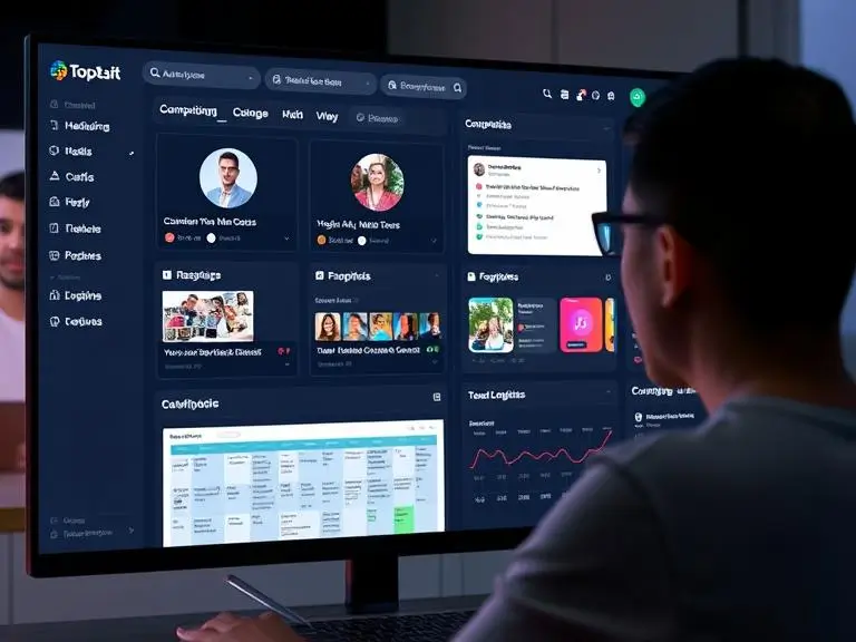 “A digital marketer viewing an AI dashboard with auto-generated social media captions, hashtag banks, and campaign calendar suggestions.”