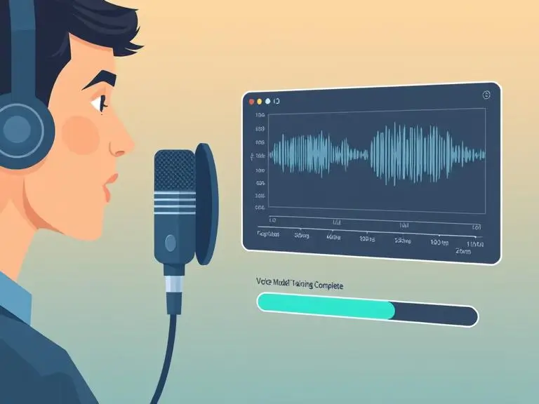 Illustration of a person recording their voice into a microphone, while an AI voice cloning interface shows waveform analysis and a progress bar reading “Voice Model Training Complete”