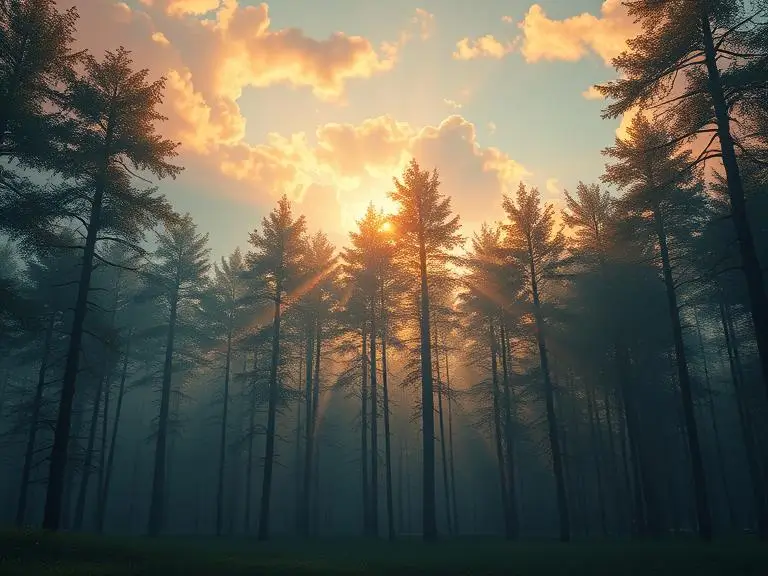 A digital painting of a dreamlike forest with glowing skies and long shadows, showcasing the signature cinematic quality of MidJourney's AI outputs.