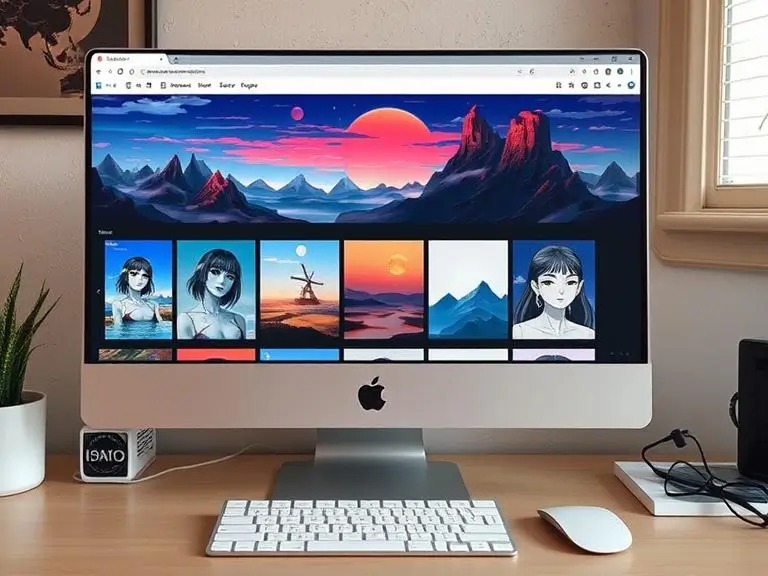A content creator's desktop with Zooli.ai open, displaying a gallery of auto-generated artwork including anime, cyberpunk landscapes, and minimalistic portraits—all ready for download and use.
