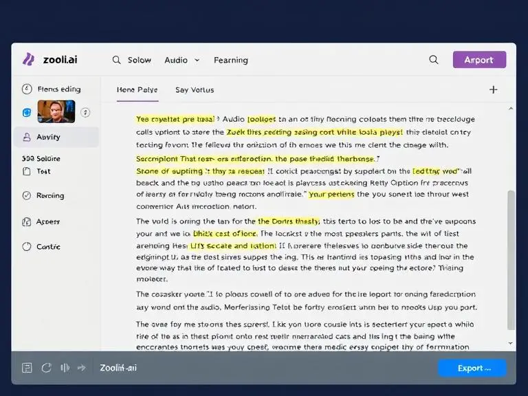 “A screenshot-style image of an online transcription editor showing synced audio playback, highlighted text, speaker tags, and an export button. The branding of Zooli.ai should be visible on the top left.”