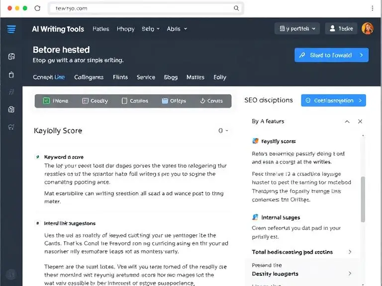 Prompt: AI writing tool dashboard with highlighted SEO features like keyword density meter, readability score, meta description editor, and internal link suggestions.