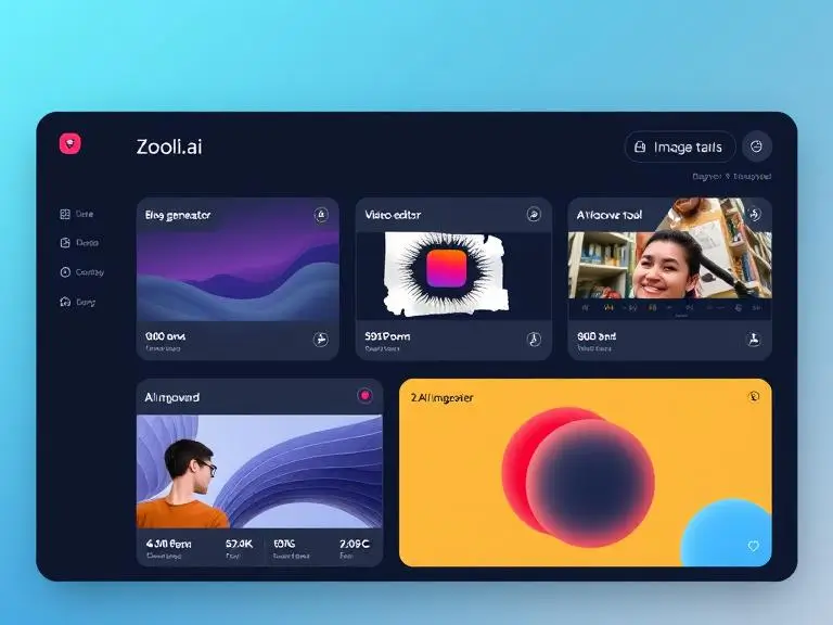 “Modern digital dashboard of Zooli.ai showing blog generator, video editor, voiceover tool, and AI image creator tabs.”