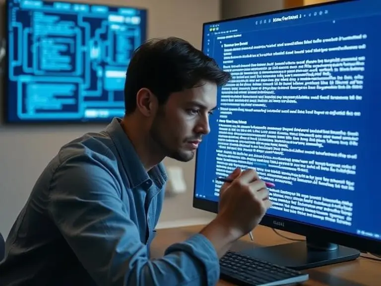 "A content editor reviewing and annotating AI-generated text on a computer screen, with AI interface visible in the background."
