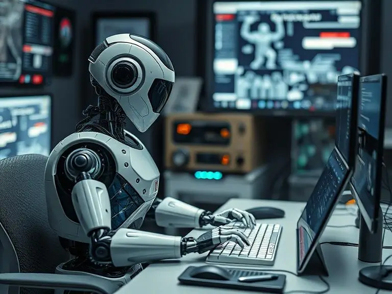 “AI robot or assistant sitting at a desk, typing blogs, generating visuals, and creating video scripts all at once in a futuristic workspace.”