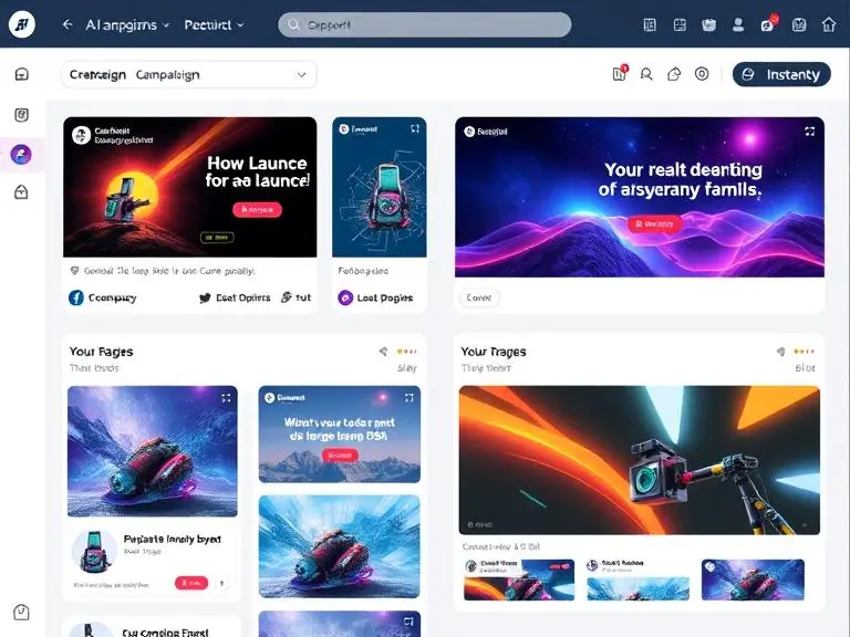 A campaign dashboard showing AI-generated visuals for a product launch, including social media banners, landing page graphics, and promotional video thumbnails being created instantly.