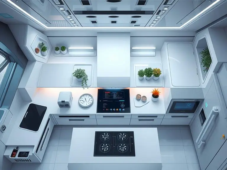 “Top-view of a futuristic smart home kitchen with AI appliances, hyper-detailed, product design”
(Great for tech and product design-related content)