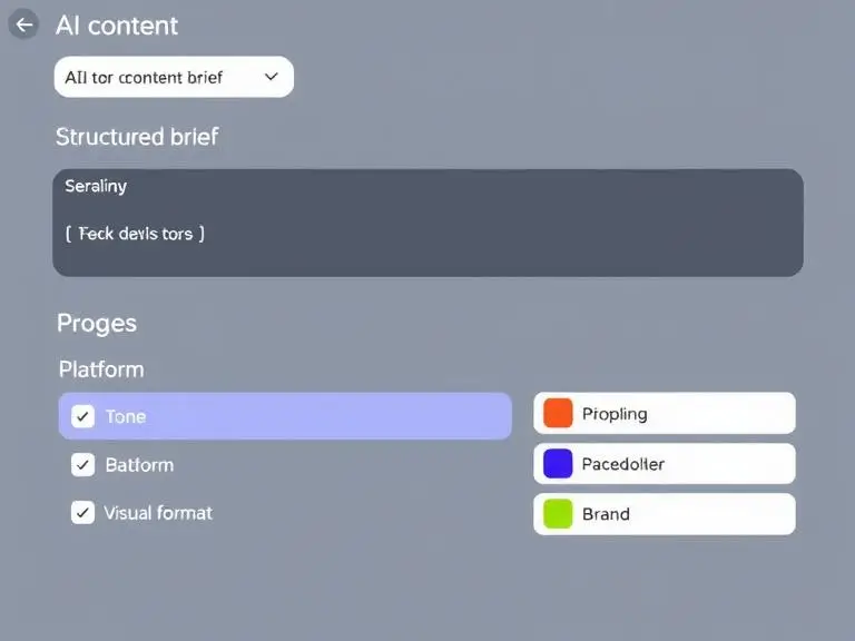 An AI content input screen showing a user typing a structured brief with dropdowns for tone, platform, visual format, and brand colors.