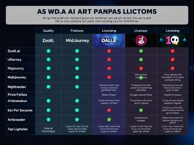A visual comparison chart of top AI art platforms (Zooli.ai, MidJourney, DALL·E, NightCafe, Artbreeder) showing their strengths like quality, price, licensing, and features.