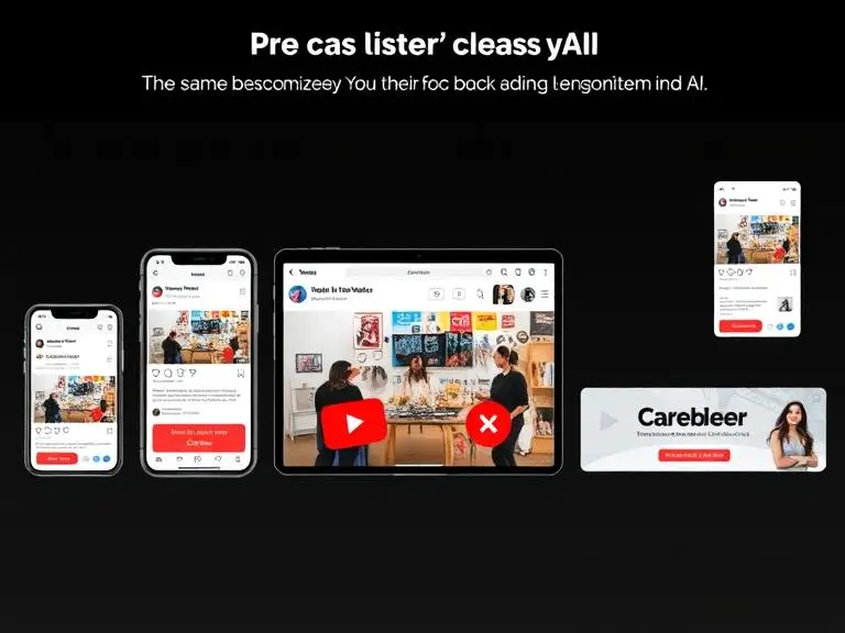 A side-by-side mockup showing the same campaign visual optimized by AI for different platforms—Instagram, Facebook, YouTube, email, and website banner—maintaining consistent branding.